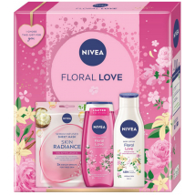 KAZETA NIVEA WOMEM BOX FLORAL LOVE TEXTILNÁ MASKA + SPRCHOVÝ GÉL 250ML + TELOVÉ MLIEKO 250ML 