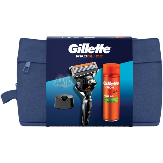 KAZETA GILLETTE PROGLIDE HOLIACI STROJČEK + NÁHRADNÁ HLAVICA + FUSION SENSITIVE GÉL 200ML + STOJAN + KOZMETICKÁ TAŠKA