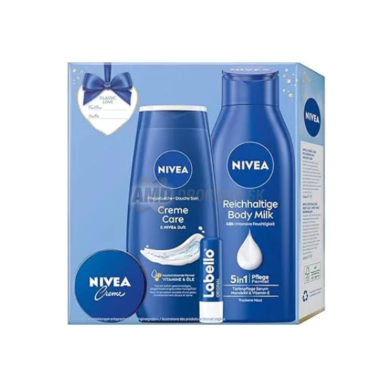 KAZETA NIVEA CLASSIC LOVE CREME CARE SPRCHOVÝ GÉL 250ML + TELOVÉ MLIEKO 400ML +KRÉM 30ML + BALZAM NA PERY LABELLO 4,8G