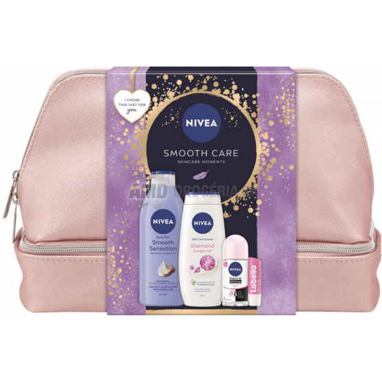 KAZETA NIVEA TAŠKA WOMEN SMOOTH CARE TELOVÉ MLIEKO 400ML + SPRCHOVÝ GÉL 250ML + ROLL ON 50ML + LABELLO 4,8G